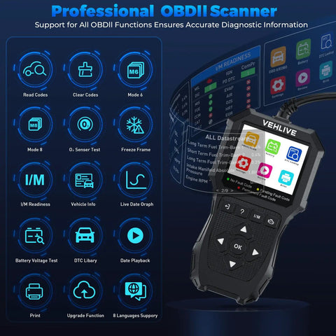 OBD2 Car Diagnostic Scanner With Battery Tester And Live Data, Check Engine Light Reader, Freeze Frame, I M Readiness displayed