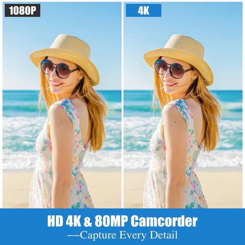 Side by side comparison of 1080P and 4K video quality taken with 4K Camcorder For YouTube Vlogging With 80MP Image Capture.