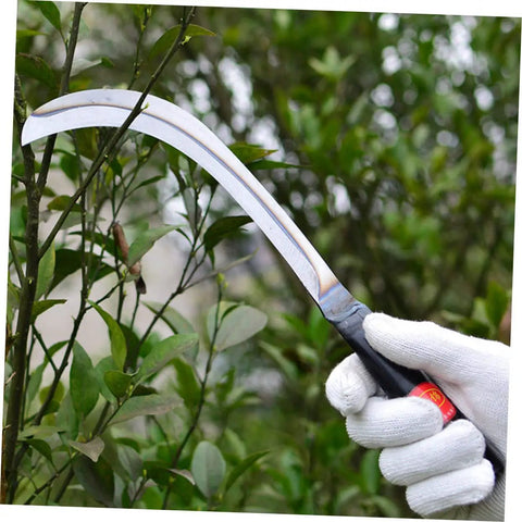 Gloved hand holding manganese weeding sickle with ergonomic handle, rustproof grip in garden; 10 Pack Manganese Weeding Sickle Tools With Ergonomic Handles Rustproof Comfortable Grip For Effortless Harvesting And Garden Weeding Durable Tools For Easy Yard Work.