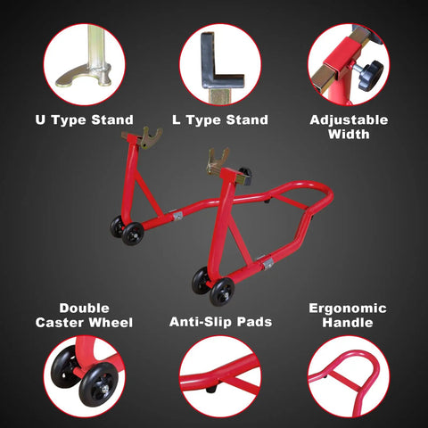 Rear Combo Motorcycle Stand With Wheel Lift 500 lb Capacity Swingarm Paddock Stands For Sport Bikes Fits Yamaha Honda Kawasaki Beefy Steel Construction showing components.