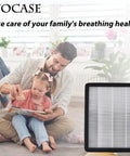 Two Pack H13 True Replacement Filter With Carbon Pre-Filters for Air Purifier next to father and child in living room
