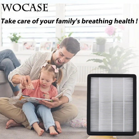Two Pack H13 True Replacement Filter With Carbon Pre-Filters for Air Purifier next to father and child in living room