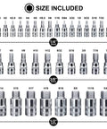 Heavy Duty Hex Bit Socket Set With Allen Wrench Kit for Ratchet Tools SAE and Metric Drive 34 Piece showing socket sizes.