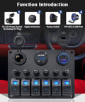 Six Gang Marine Rocker Switch Panel Waterproof With Circuit Breakers Digital Voltage Display PD QC3 USB Port And 12V DC Power Socket
