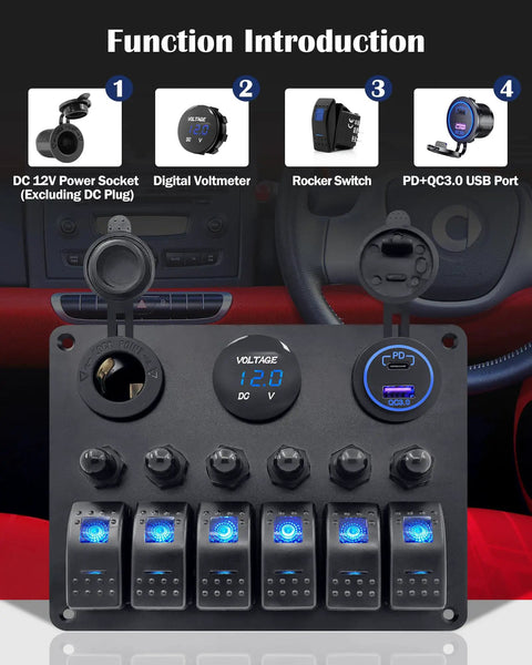 Six Gang Marine Rocker Switch Panel Waterproof With Circuit Breakers Digital Voltage Display PD QC3 USB Port And 12V DC Power Socket