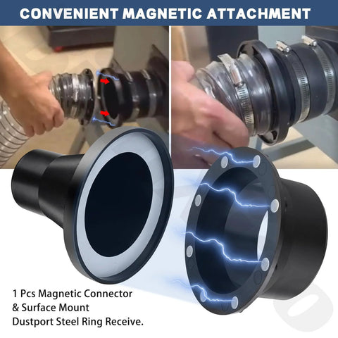 4-inch magnetic dust-collection fitting with mag port; flange-style hose adapter for 4" and 2.5" hoses