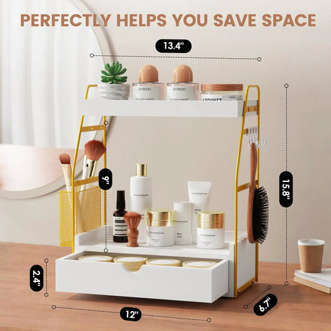 Two Tier Bathroom Counter Organizer with Drawer and Basket for Makeup Skincare Perfume, showcasing dimensions in home setting