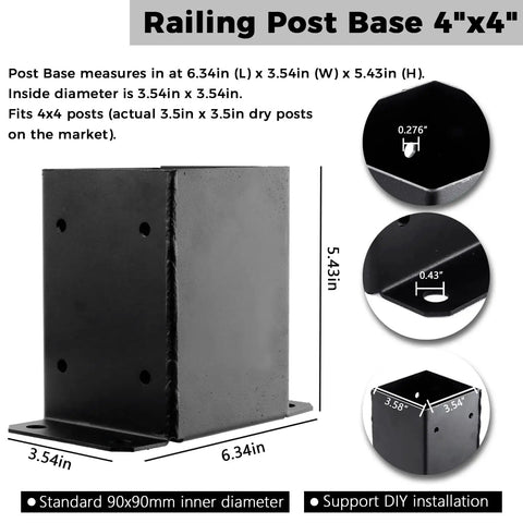Railing Post Base 4x4 Real Size 3.5x3.5 5 Pack Black With Screws, dimensions and measurements illustrated