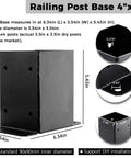 Image showing dimensions and features for Railing Post Base 4X4 Real Size 3.5X3.5 Inches 10 Pack Black With Screws.