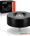 A-Premium belt idler pulley, black metal wheel with mounting stud, shown with box labeled Belt Tensioner.