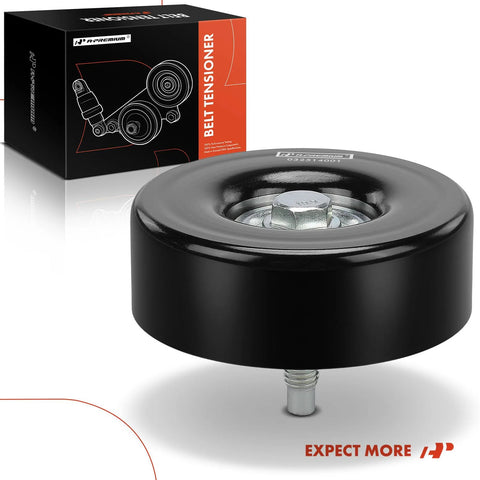 A-Premium belt idler pulley, black metal wheel with mounting stud, shown with box labeled Belt Tensioner.