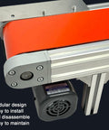 Close-up of PVC Belt Conveyor With Adjustable Speed For Desktop Assembly Lines showing aluminum base and motor details.