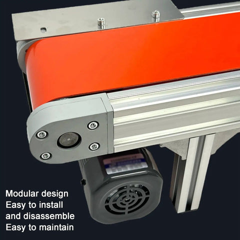 Close-up of PVC Belt Conveyor With Adjustable Speed For Desktop Assembly Lines showing aluminum base and motor details.