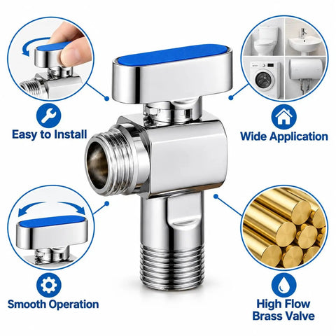 Fresh 1/2 Inch Turn Angle Stop Valve With Blue Handle Solid Brass Body Chrome Plated Finish Kick Butt High Flow Shut Off Connector For Water Heater Bathroom Kitchen Plumbing displayed with installation features.