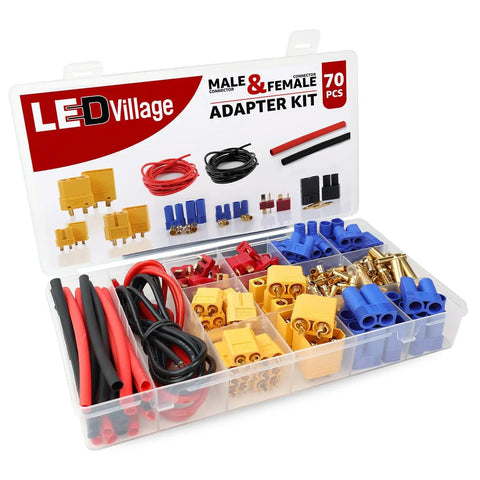 70-Piece RC Connector Kit With T Plug XT60 XT90 EC3 EC5 Male And Female Adapters, 14 AWG Silicone Wire And Heat Shrink Tubing