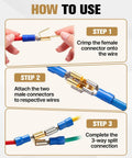 50 Piece Heavy Duty Piggyback Spade Connectors Bulk Kit For Auto Wiring And Home Repair demonstrating crimping and wiring steps.