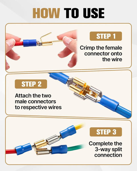50 Piece Heavy Duty Piggyback Spade Connectors Bulk Kit For Auto Wiring And Home Repair demonstrating crimping and wiring steps.