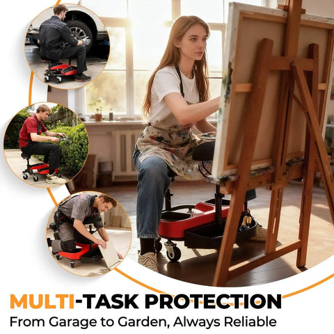 All Day Comfort Heavy Duty Rolling Knee Creeper with Seat and Chest Support in use for various tasks indoors and outdoors