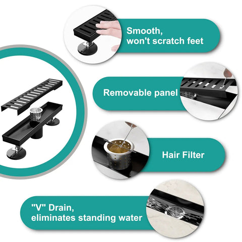 Product features of 24 Inch Sleek Black Linear Shower Drain With Removable Capsule Pattern Grate Rectangle Floor Drain In 304 Stainless Steel Adjustable Feet Hair Strainer Built To Last Matte Finish For Modern Bathrooms