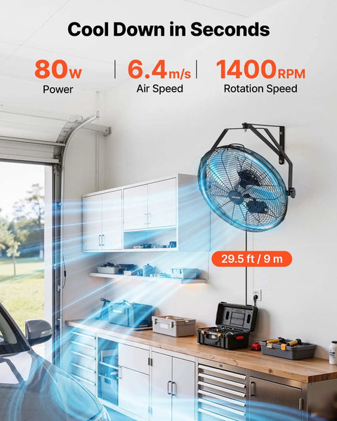 Heavy Duty 18 Inch Wall Mount Fan With IP44 Protection, 3 Speed Settings, Long Airflow Distance Up To 29.5 Feet, in garage