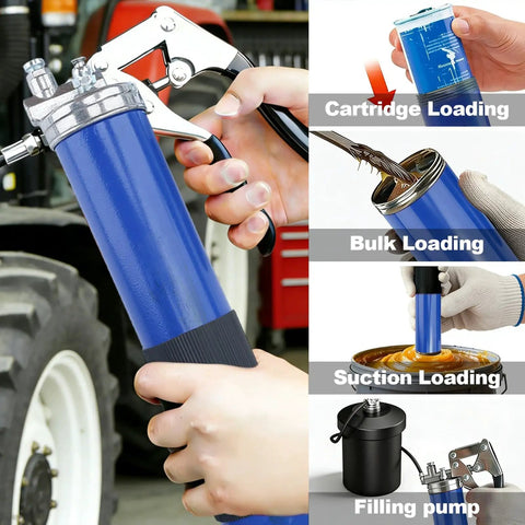 Pro Grade 8000 PSI Pistol Grip Grease Gun Kit with Two Spring Flex Hoses, 14 Oz Capacity, Quick Release Coupler, 90 Degree Adapter
