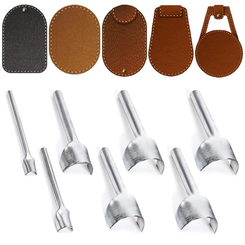 Seven Piece Leather Craft Tool Set Half Round Punches For Strap Belt Wallet Bag DIY Handwork Leatherworking Tools With Premium Steel And Sharp Edges 10 To 40 Millimeters arranged with leather samples