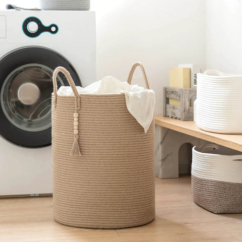 Boho Jute Laundry Hamper Basket With Handles Tall Wicker Hamper near washer, 16 x 20 inches, natural decor in laundry room.