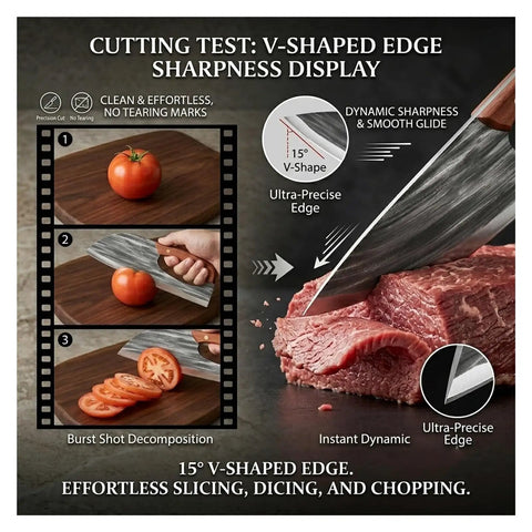 Hand Forged High Carbon Steel Chef Knife And Cleaver Set for Kitchen, BBQ And Camping cutting tomato and meat, sharpness display.