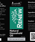 Label of Renew Natural Household Oil Unscented All Purpose Lubricant Spray for doors, hinges, and locks, eco-conscious, safe for pets.