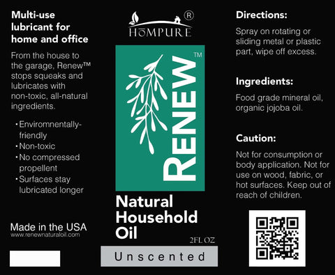 Label of Renew Natural Household Oil Unscented All Purpose Lubricant Spray for doors, hinges, and locks, eco-conscious, safe for pets.