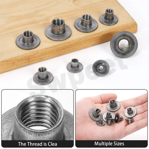 Heavy Gauge Carbon Steel Tee Nut Assortment Kit Including 85 Pieces In Five Core M4 Through M10 Threads displayed on wood surface.