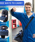 Man carrying Heavy Duty Tool Tote Bag With Waterproof Plastic Base 16 Inch Multi Pocket Organizer With Shoulder Strap for Pros and DIYers