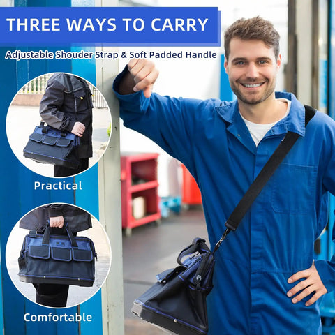 Man carrying Heavy Duty Tool Tote Bag With Waterproof Plastic Base 16 Inch Multi Pocket Organizer With Shoulder Strap for Pros and DIYers