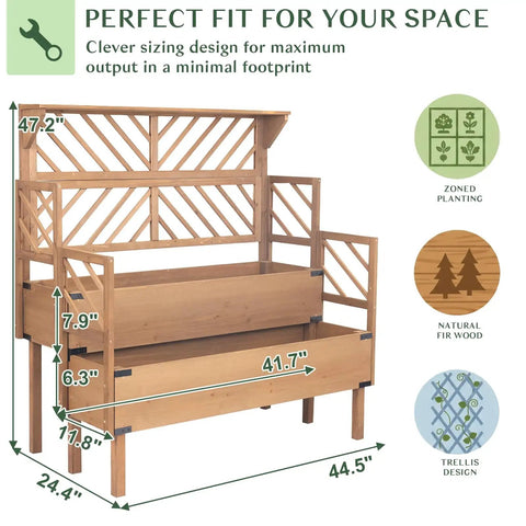 Two Tier Raised Garden Bed With Lattice Trellis For Outdoor Flowers And Veggies, 47.2 Inch Tall Wood Plant Stand, Brown