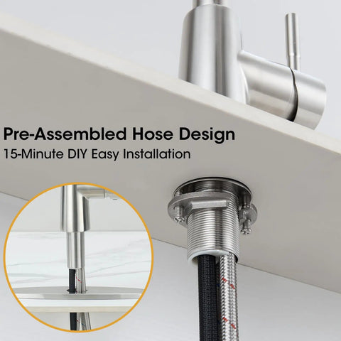 Smooth Operator Brushed Nickel Kitchen Faucet With Pull Down Sprayer Providing Three Versatile Flow Settings And A Flexible Swivel Spout For No Sweat Cleaning - pre-assembled hose design for easy installation.