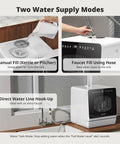 Compact Countertop Dishwasher With Built In Water Tank And Softener, showing two water supply modes: manual fill and faucet fill.