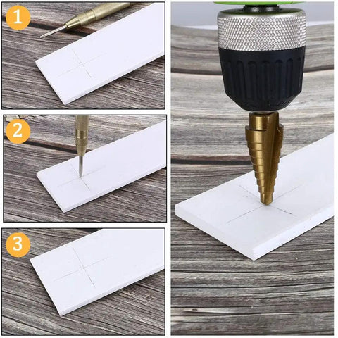 Heavy Duty Woodworking Drill Bit Kit With Dead Center Tower Auger And Quick Strike Punch marking and drilling pilot holes in wood