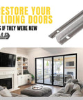 Screw On Track Cover For Sliding Patio Glass Doors Replacement Hardware In Stainless Steel 1 W X 7/16 H 6 Feet Long Corrosion Resistant Door Track Shield Screws Not Included in a living room setting.