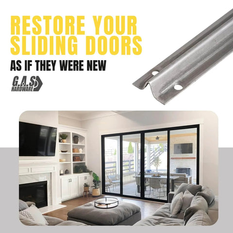 Screw On Track Cover For Sliding Patio Glass Doors Replacement Hardware In Stainless Steel 1 W X 7/16 H 6 Feet Long Corrosion Resistant Door Track Shield Screws Not Included in a living room setting.