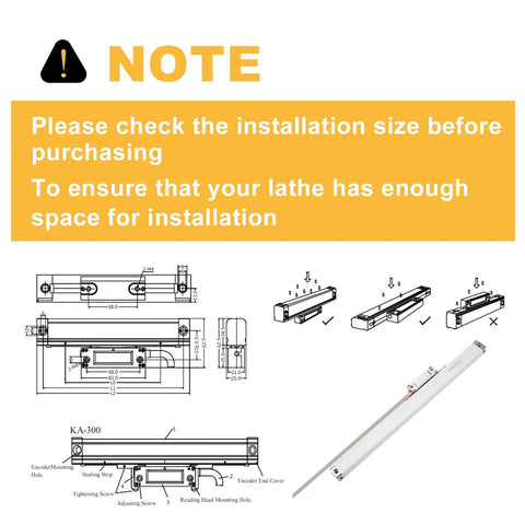 Note on installation size for Tough Two Axis Dros Kit with linear scale for milling lathe and drill equipment.