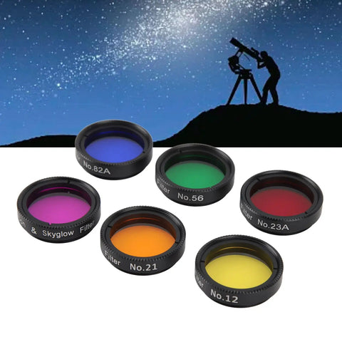 1.25 Inch Telescope Filter Set With Moon And Polarizing Filters, colorful eyepiece filters against starry sky silhouette