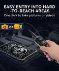 Person using Ultra Slim 5.5mm USB Endoscope Borescope With 6 LED Lights, 720P HD Camera Probe on a tablet screen displaying mechanics