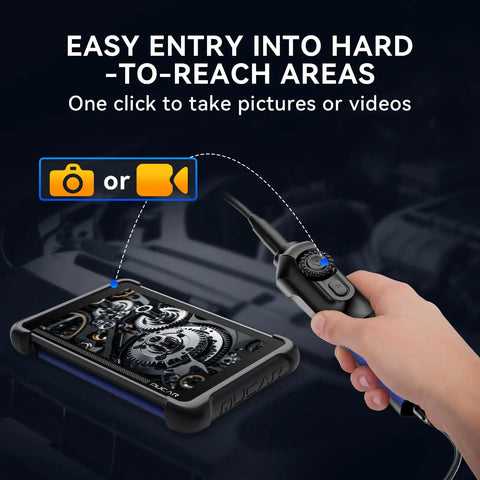 Person using Ultra Slim 5.5mm USB Endoscope Borescope With 6 LED Lights, 720P HD Camera Probe on a tablet screen displaying mechanics