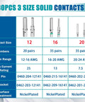 Pro Grade 180 Piece Barrel Style Connector Pins And Sockets Kit 12 16 20 sizes chart with wire range and specifications
