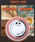 No Sweat Instant Hot Water Recirculation Pump With Slick Temp Control For Tank Heaters And Quick Connect Pex Lines showing timer settings for morning shower and dish washing.