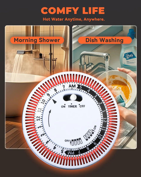 No Sweat Instant Hot Water Recirculation Pump With Slick Temp Control For Tank Heaters And Quick Connect Pex Lines showing timer settings for morning shower and dish washing.