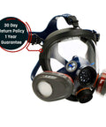 Side view of industrial-grade full face respirator mask with anti-fog lens, bayonet filter compatibility, adjustable straps visible.