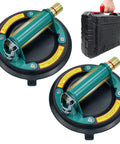 Two 8-inch heavy-duty glass suction cups with teal housing and brass fittings, plus carrying case.