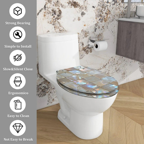 Elongated Resin Toilet Seat for Bathroom with a shiny mosaic design, installed on a white toilet in a modern bathroom setting.