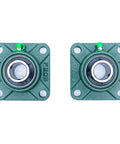 Pillow Block Bearing 1 Inch Bore Set Of 2 UCF205 16 Square Flange Mounted Cast Iron Housing With Chrome Steel Ball Bearings Built Tough For Heavy Duty Use, two green 1-inch flange bearings